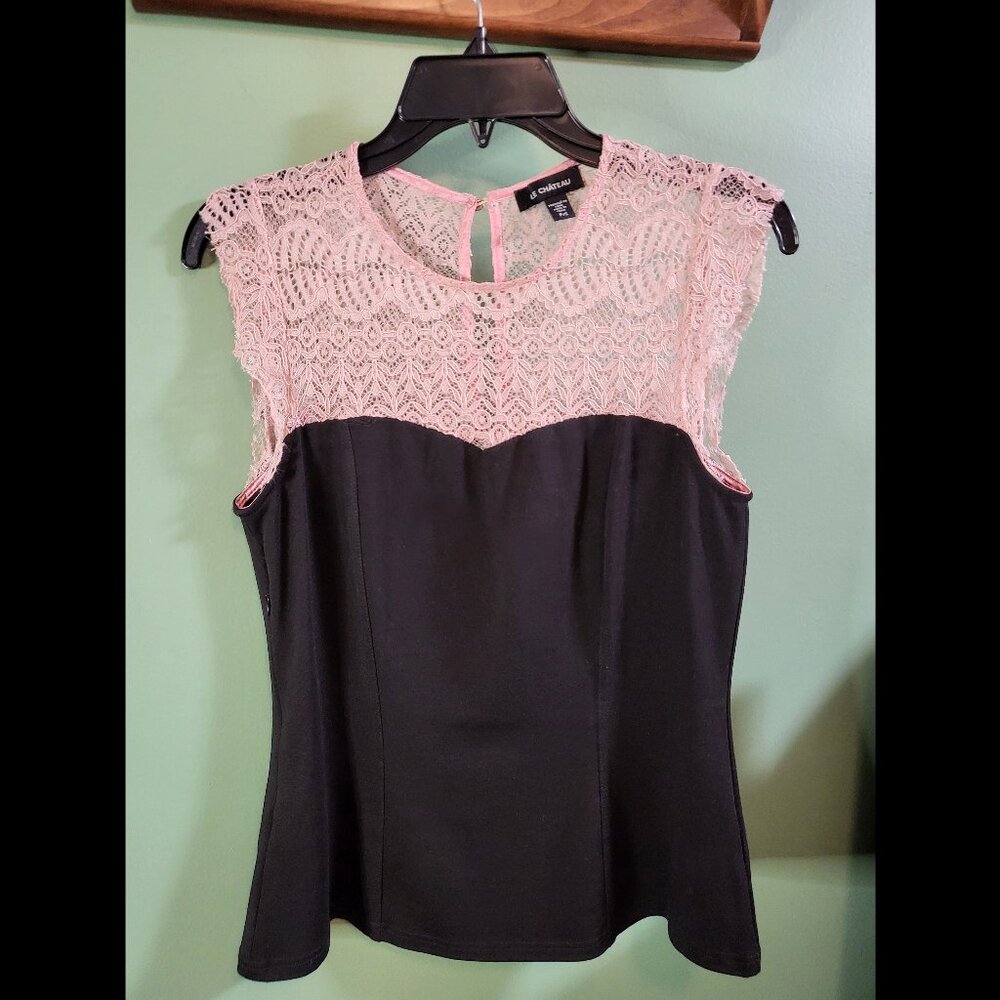 Le Chateau pink and black lace sleeveless top